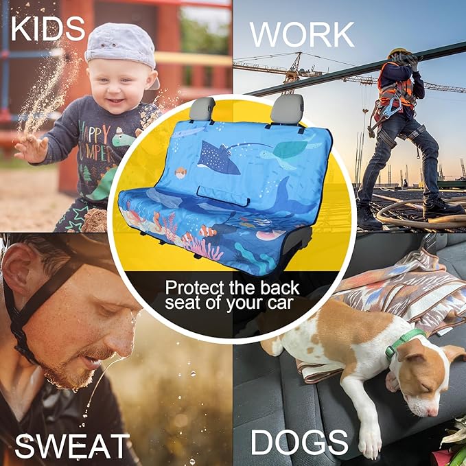Back Seat Cover for Car Trucks Van SUV,Waterproof Rear Bench Towel Seat Covers for Dogs and Kids,Automotive Backseat Protector (Seaworld)-PawvioPets