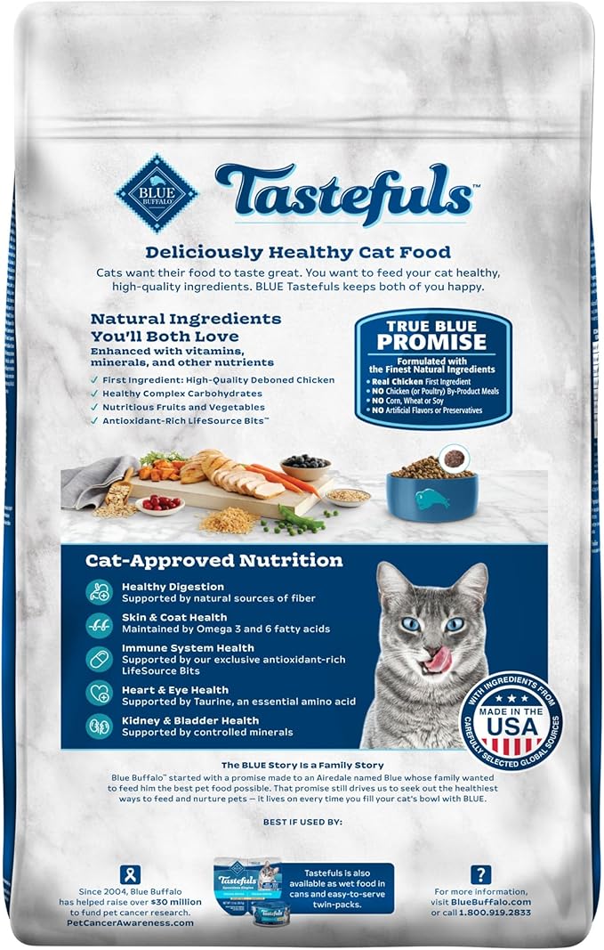 Blue Buffalo Tastefuls Natural Dry Food for Adult Indoor Cats, Chicken & Brown Rice Recipe, 15-lb. Bag-PawvioPets