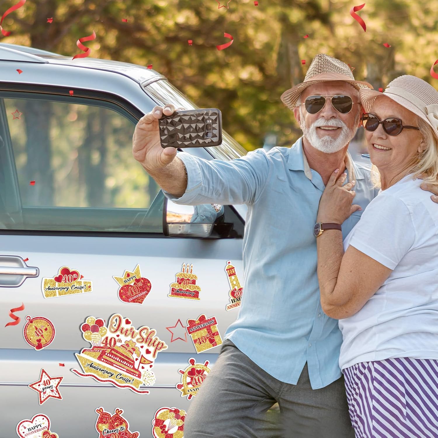 40th Anniversary Cruise Door Magnets Decorations Red Gold Happy 40th Anniversary Cruise Ship Door Decor Magnetic for Married in 1985 Men Women Wedding Party Refrigerator Fridge Car Kitchen Garage