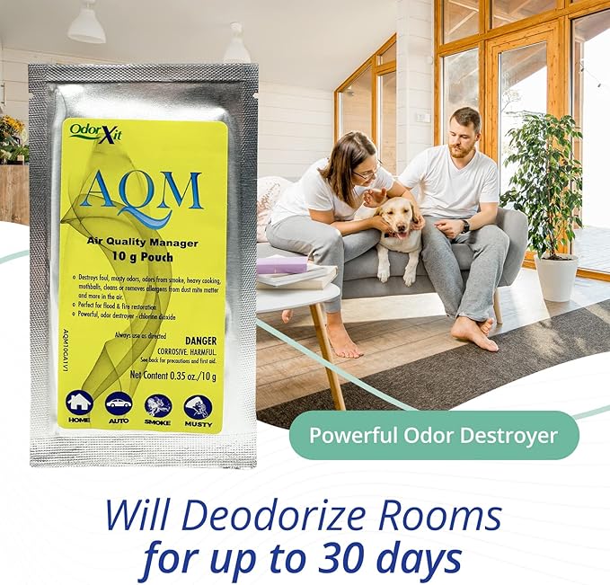 AQM by OdorXit, Air Quality Manager Chlorine Dioxide Odor Removal Packet, Dog Odor Eliminators for Home, Wet Dog Smell & Car Deodorizer, Strong Smell Neutralizer, 10g-PawvioPets