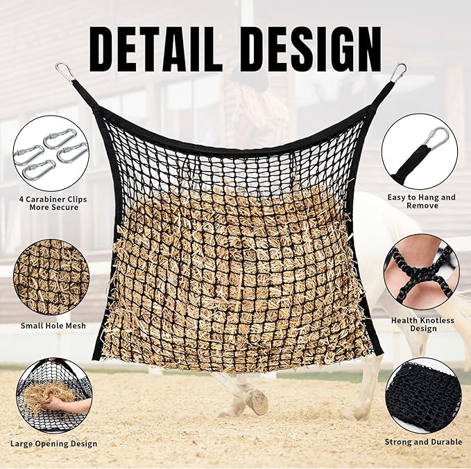 2 PCS Slow Feed Hay Net for Horses, Large Capacity Hay Bags for Horses Goats Sheep Donkey Trailer Full Day Feeding, Easy to Fill and Hang, Black, 35 x 31 Inch-PawvioPets