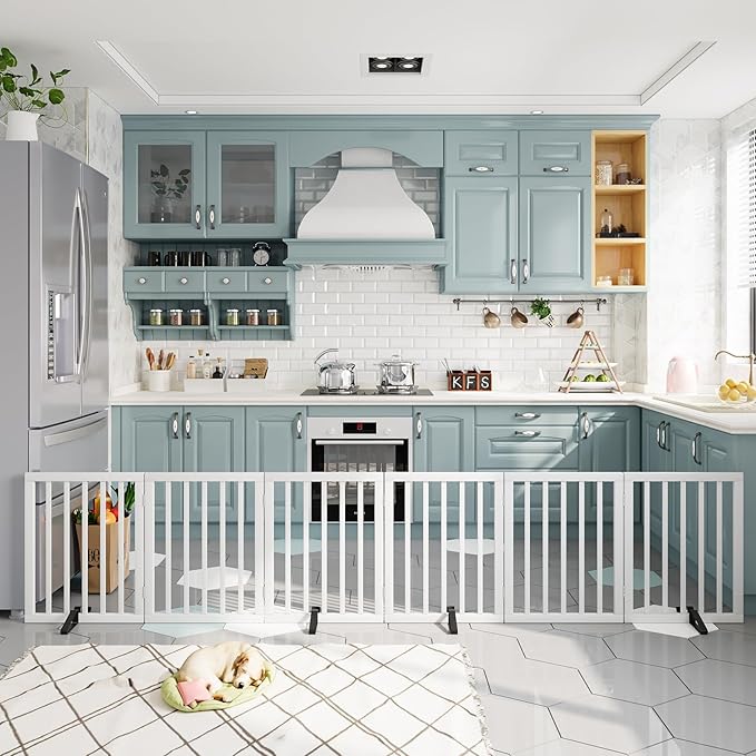 Dog Gates for Doorways Extra Wide 110inches (9ft), Wooden Freestanding Pet Gates for Dogs with 4 Support Stands, Foldable Gates for Dogs Indoor-PawvioPets