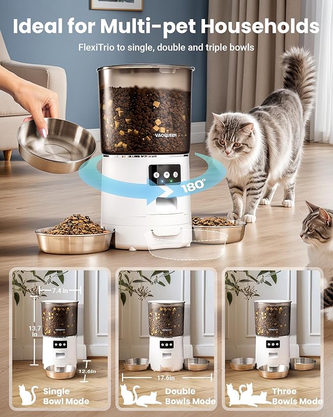 Automatic Cat Feeder for 3 Cats, 6L/25 Cups Smart WiFi Pet Feeder, Strong Anti-Jam System, Dual-Effect Desiccant Cat Food Dispenser, with 10S Voice Recorder for Cats and Small Dog(White)-PawvioPets