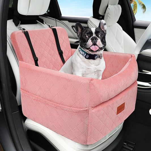 Dog Car Seat for Small Medium Dogs, Memory Foam Puppy Dog Booster Seat with Thick Cushion for Dogs Under 35lbs, Detachable Washable Pet Car Seat Travel Bed with Storage Pockets,2 Safety Belts-PawvioPets