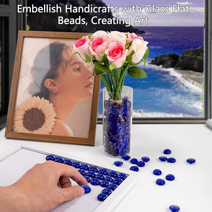 Blue Glass Marbles, 0.97 LB Transparent and Smooth Flat Glass Beads for Vases, Mosaic Gem Pebbles for Aquarium Decor, Floral Arrangements, Mancala Stones, Vase Filler and Crafts (Approx. 80-100 PCS)-PawvioPets