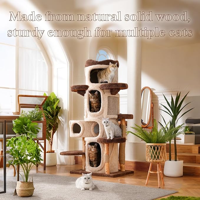 70" Heavy Duty Cat Tree for Large Cats with Toys, All-in-One Cat Tower with Cat Perch, Tall Cat Tower with Scratching Post, Brown Modern Cat House-PawvioPets