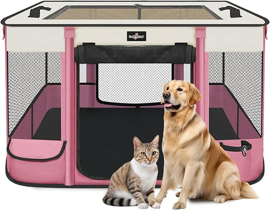 Foldable Pet Kitten Playpen, Upgrade Waterproof Portable Cat Dog Playpen Kennel Tent for Small Dog Cat, Removable Shade Cover, Come with Free Carrying Case, Indoor Outdoor Use for Small Pet, Pink-PawvioPets
