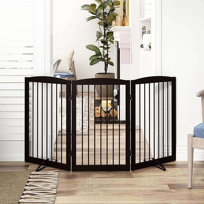 Freestanding Pet Gate for Dogs, Foldable Wooden Dog Gate for House Indoor, Tall Pet Fence for Stair, Doorway,Hall, Support Feet Included, 3 Panels 32",Brown-PawvioPets