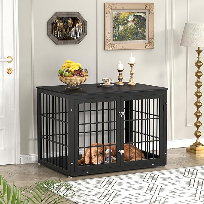 42 Inch Heavy Duty Dog Crate Furniture for Large and Medium Dogs, Decorative Pet House End Table, Wooden Cage Kennel Furniture Indoor, Black-PawvioPets