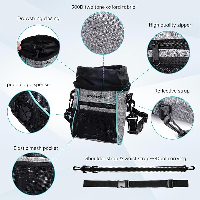 Dog Treat Pouches Training Walking Bag with Shoulder Strap, Large Space for Pets Food, Polyester Fabric, 3-Way Wearing Design, Portable Pet Bagand Easy to Clean, Black with Grey-PawvioPets