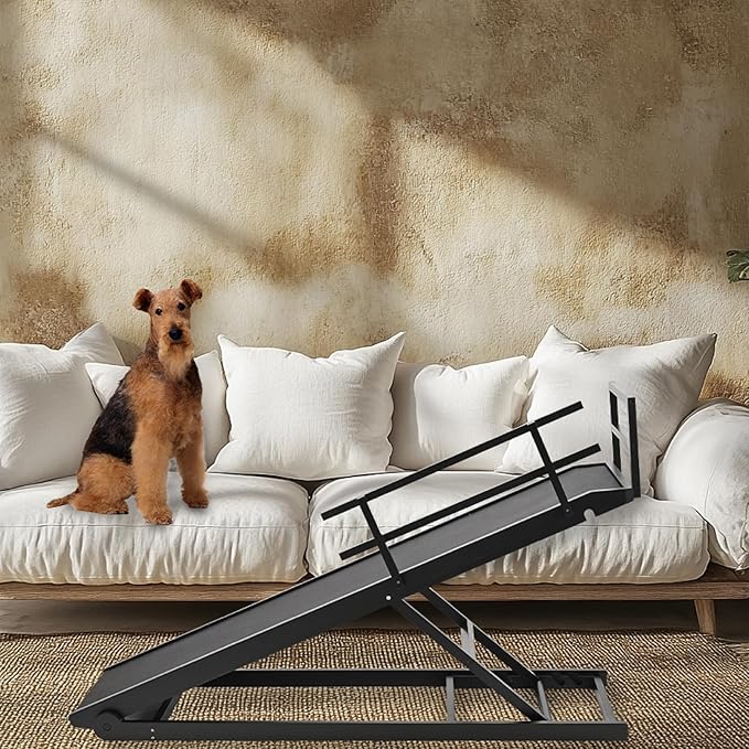 Dog Ramp for Bed, 5 Level Adjustable Dog Ramp for High Beds, Upgrade Rubber Mat High Traction Ramp with Safety Rails, Folding Pet Ramp for Bed, Couch,SUV, Natural Wood Pet Ramp for Small & Old Dogs-PawvioPets