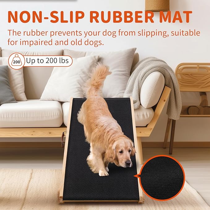 Dog Ramp, 5 Level Adjustable Height Folding Pet Ramp for High Bed, Portable Paw Ramps Large Bed Ramp for Medium & Large Old Dogs & Cats - Natural Wood Furniture Quality-PawvioPets