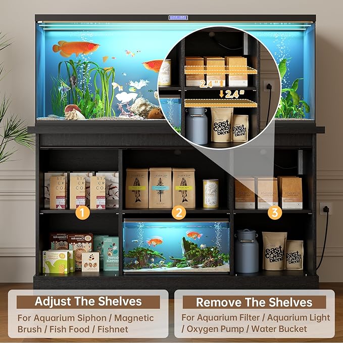 55-75 Gallon Fish Tank Stand with Sliding Barn Doors & Power Outlet, Heavy Duty Aquarium Stand with Cabinet Storage for Fish Tank, Turtle Tank, Reptile Terrarium, 1000LBS Capacity, Black-PawvioPets