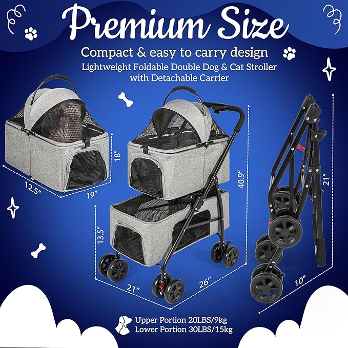 Detachable Pet Double Stroller with 4 Rolling Casters for 2 Pets – Lightweight Multifunctional Travel Stroller with Mesh Windows, Cup Holder, Sun Shades & Storage Pocket for Puppy and Kitty-PawvioPets