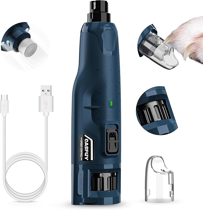 Casfuy Dog Nail Grinder Quiet - (45db) 6-Speed Pet Nail Grinder with 2 LED Lights for Large Medium Small Puppy Dogs/Cats, Professional 3 Ports Rechargeable Electric Dog Nail Trimmer with Dust Cap-PawvioPets