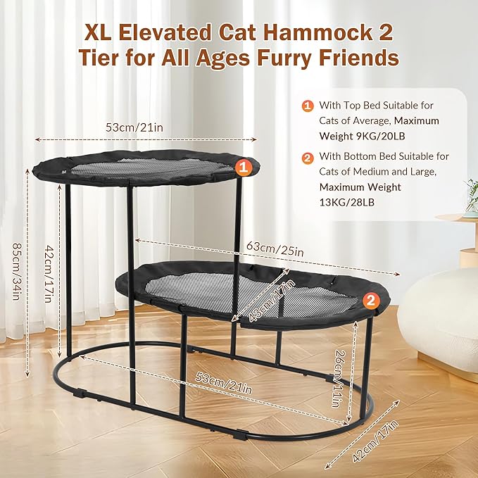 Defined Deco 2 Tier Elevated Cat Hammock Bed, Furniture Cat Bed Breathable Comfortable, Raised Cool Ca t Hammock for Indoor Cats, with Removable Mesh and Steel Frame for Summer-PawvioPets