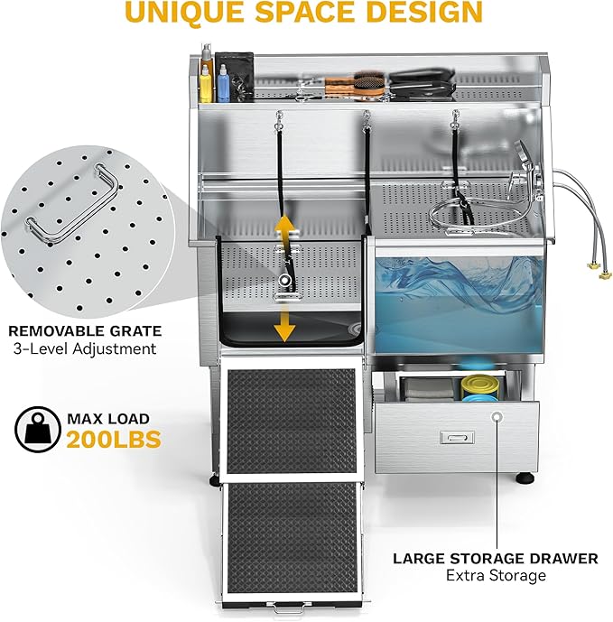 DWVO Professional Dog Bathing Station Stainless Steel 304 Pet Bathtub, 50in Dog Grooming Tub w/Right Door Ramp, 2 Storage Drawers, Grate, Pet Washing Station for Large, Medium, Small Pets-PawvioPets