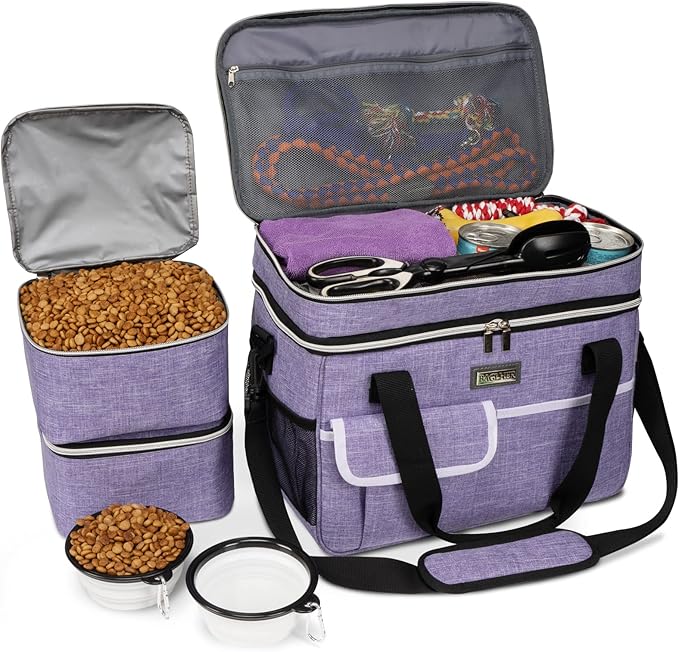BAGLHER Dog Travel Bag for Supplies - Double-Layer Airline Approved Weekend Pet Travel Organizer Set for Dog and Cat Tote with 2 Pet Food Containers and 2 Collapsible Silicone Bowls Purple-PawvioPets