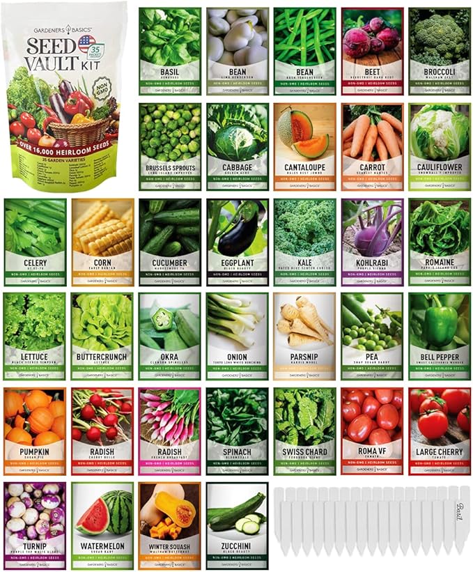 Gardeners Basics Survival Vegetable Seeds Garden Kit Over 16,000 Seeds Non-GMO and Heirloom, Great for Emergency Bugout Survival Gear 35 Varieties Seeds for Planting Vegetables 35 Free Plant Markers-PawvioPets