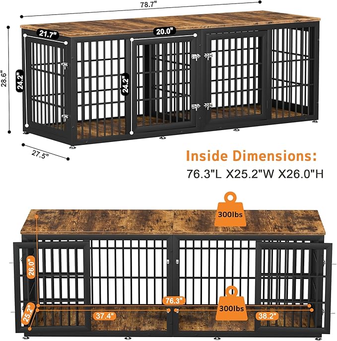 78 Inch Double Dog Crate Furniture, Heavy Duty Extra Large Cage Furniture with Divider for 2 Dogs, Decorative Wooden Kennel Furniture Indoor, Metal Pet House for Large and Medium Dogs-PawvioPets