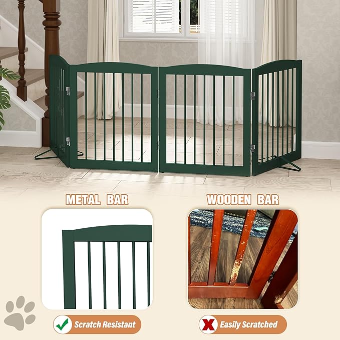 Freestanding Pet Gate for Dogs, Foldable Wooden Dog Gate for House, Indoor Dog Gate for Stairs, Doorways, Step Over Pet Puppy Safety Fence, 80 Inch Wide, 4 Panels 24", Green-PawvioPets