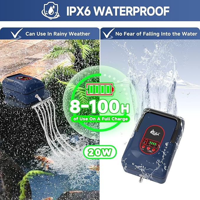 AQQA Aquarium Air Pump,AC/DC Battery Air Pump for Pond Fish Tank,9 Gear Adjustable Air Volume,IPX6 Waterproof Rechargeable Bubbler Aerator for Outdoor Fishing Breed Aquatics (20W)-PawvioPets