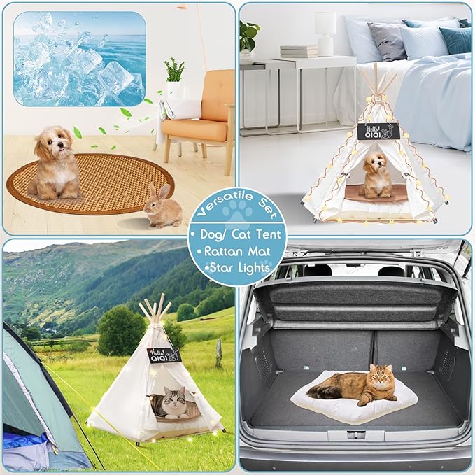 24" Dog& Cat Teepee Tent +28" Pet Cooling Mat +10ft Star String Light [2-Modes],Cotton Thicked Soft Comfort Anti-Slip Cushion (Used/Wash Separately), Indoor or Outdoor Large Pets Tents House-PawvioPets
