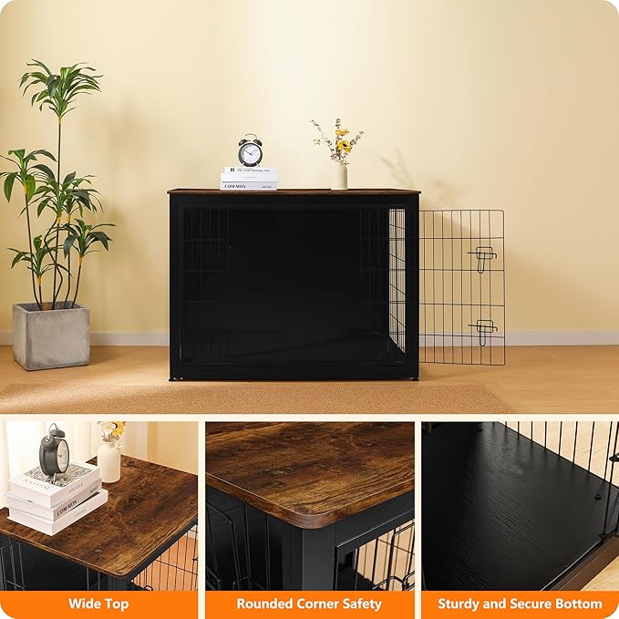 DWANTON Dog Crate Furniture with Cushion, Wooden Kennel Table with Double Doors, Indoor Dog House, Extra Large Size, 43.3" L, Black+Rustic Brown-PawvioPets
