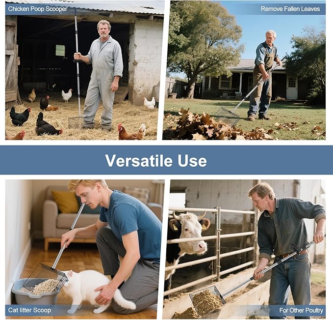 15inch Large Chicken Poop Scooper with Ergonomic Grip, 5 in 1 Adjustable Chicken Coop Pooper Shovel (24 to 76.5"), Stainless Steel Litter Sifting Shovel Scoop for Chicken Coop/Goat Stall/Stable-PawvioPets