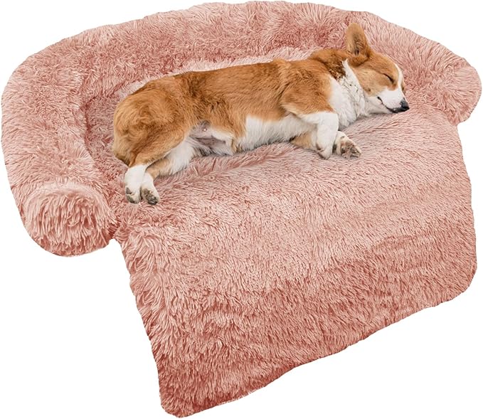 GGIB Calming Dog Bed Fluffy Plush Dog Mat for Furniture Protector with Removable Washable Cover for Large Medium Small Dogs and Cats (Medium, Pink)-PawvioPets