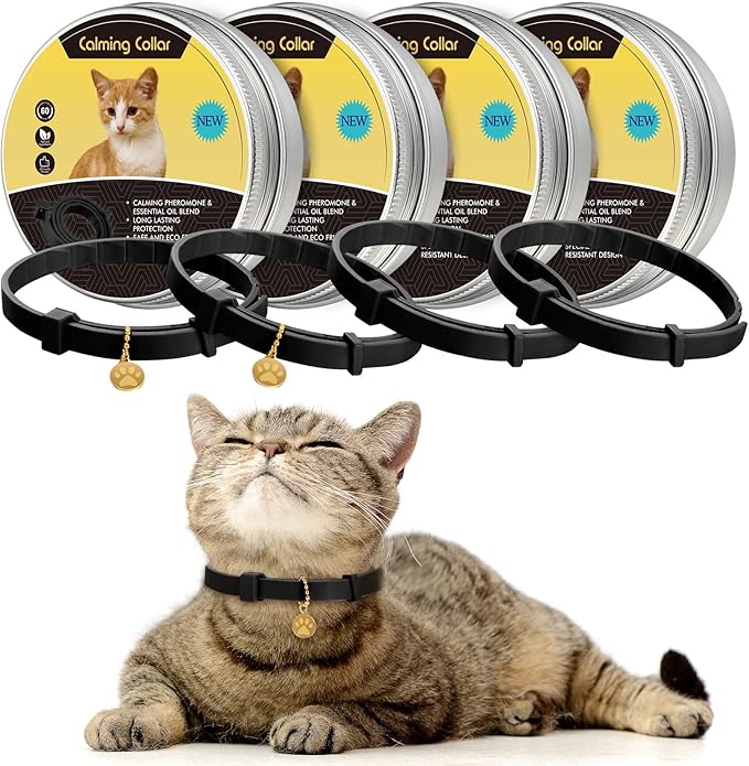 4 Pcs Cat Calming Collar Adjustable Lavender Scent Relaxing Cat Collar with 2 Pendant for Puppies Reduce Stress Aggression Anxious, up to 15 Inches(Black)-PawvioPets