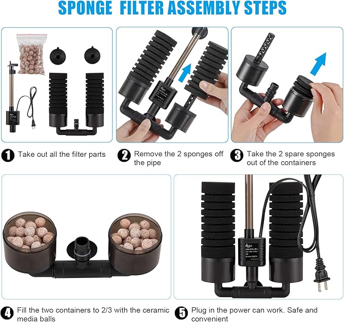 AQQA Aquarium Sponge Water Filter, Power Driven Double Biochemical Filter, Quiet Submersible Foam Filter with 2 Extra Sponges, 1 Bag of Filtered Ceramic Balls for Fresh and Salt Water Fish Tank (L)-PawvioPets