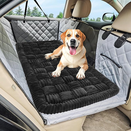 Dog Car Bed Mat, Non-Slip Backseat Extender Pet Blanket, Plaid Dog Bed for Trucks, Sedans & Large SUVs, Chew-Resistant Travel Pad for Dogs, Easy Clean & Scratch-Proof & Comfort (56"x28.7") Black-PawvioPets