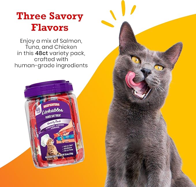 Beefeaters Cat Treats Variety Pack Lickable Puree 48ct – Salmon, Tuna & Chicken, Grain-Free, Taurine-Enriched, Ideal for Training & Interactive Feeding-PawvioPets