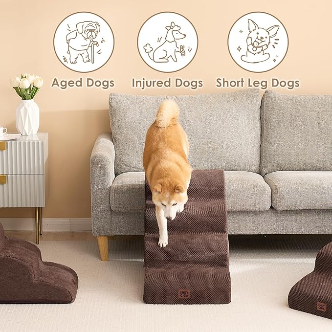 EHEYCIGA Curved Dog Stairs Ramp for High Beds 19.7" H, 4-Step Dog Steps for Small Dogs and Cats, Pet Stairs for High Bed Climbing, Non-Slip Balanced Pet Step Indoor, Brown-PawvioPets