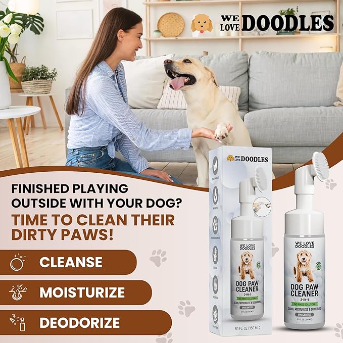 Dog Paw Cleaner (Over 100+ Feet Cleanings) No-Rinse Dog Foot Washer, Gentle and Safe Paw Cleaner for Dogs and Cats, Foam Formula, Moisturizes and Deodorizes, 150mL (Unscented) [We Love Doodles]-PawvioPets