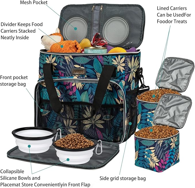 BAGLHER Dog Travel Bag, Pet Travel Bag (All Pet Travel Supplies), with 2 Pet Food Containers and 2 Collapsible Silicone Bowls; Essential Kits for Pet Travel Hawaii-PawvioPets