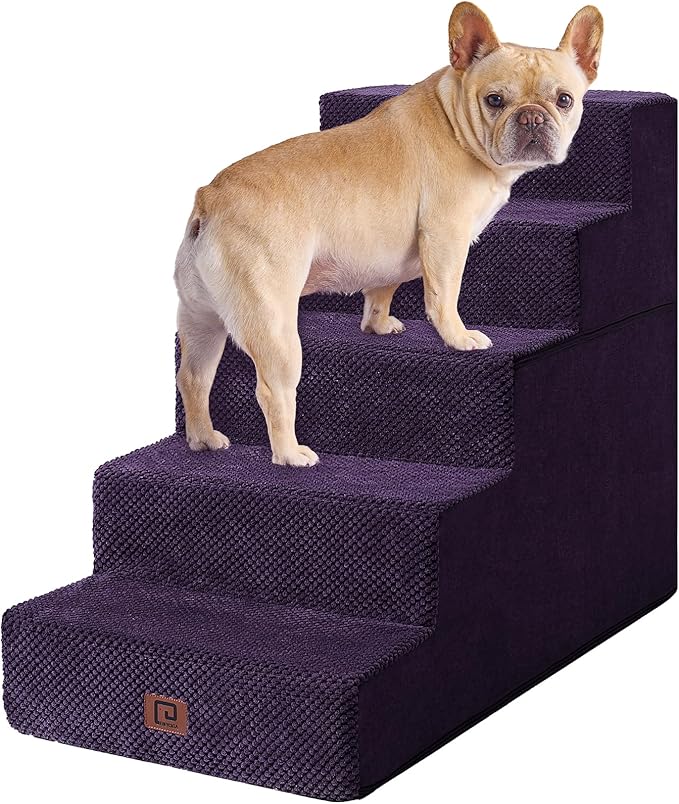 EHEYCIGA Dog Stairs for High Bed 22.5" H, 5-Step Dog Steps for Bed, Pet Steps for Small Dogs and Cats, Non-Slip Balanced Pet Ramp Indoor, Purple-PawvioPets