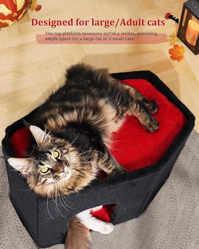 Gothic Cat Condo Cave for Indoor Cats, Spacious Indoor Coffin Cat House Bed,Large 20x13.5inch Bunk Perch, Stable Cubbie for Pets Rabbits, Halloween Red Black-PawvioPets