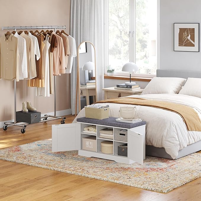 DINZI LVJ Shoe Bench, Entryway Storage Bench with Doors, Cushion, 2-Tier Shoe Rack with 6-Cubby, 31.5”L x 13.8”W Shoe Organizer Cabinet, Adjustable Shelf, Living Room, Bedroom, White-PawvioPets