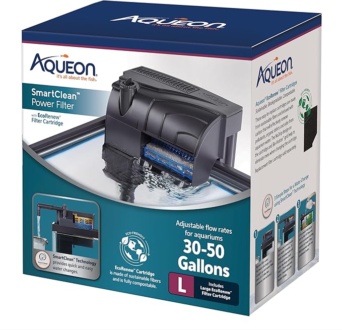 Aqueon Aquarium Fish Tank SmartClean Power Filter with EcoRenew Filter Cartridge, 30-50 Gallons-PawvioPets