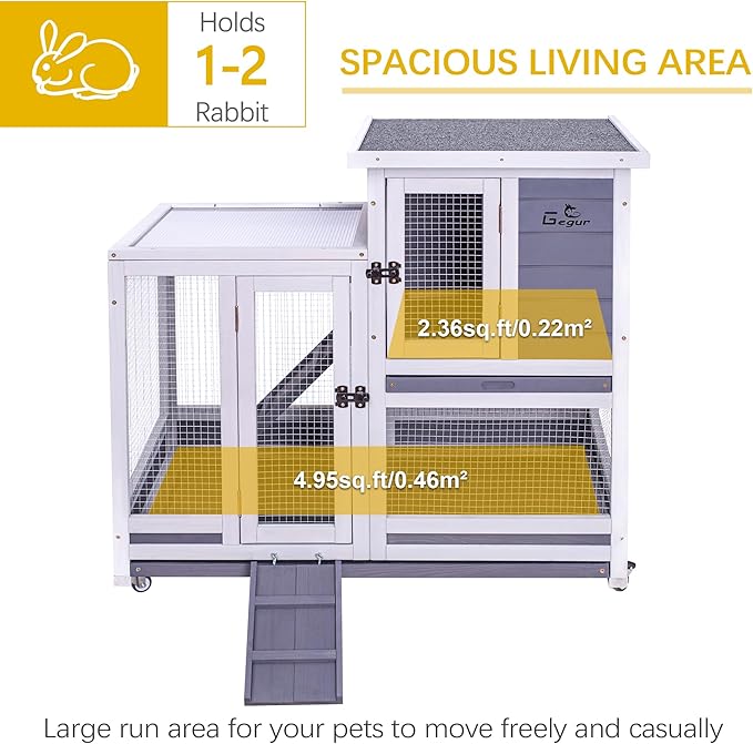 GEGURI Rabbit Hutch, Two-Story Indoor Bunny Cage, Outdoor Guinea Pig Cages for Small Animals with Wheels, Removable Tray-PawvioPets