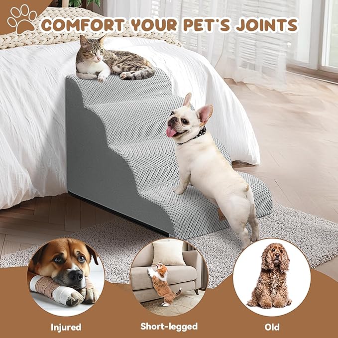 Dog Ramp and Stair for Bed 16" H-20 H,3-Step Cat Stair for Sofa and Chair,4-Step Dog Ramp for High Bed and Window,Durable Nonslip Fabric Cover for Indoor (Light Grey-20 H, Pet Friendly, 4)-PawvioPets