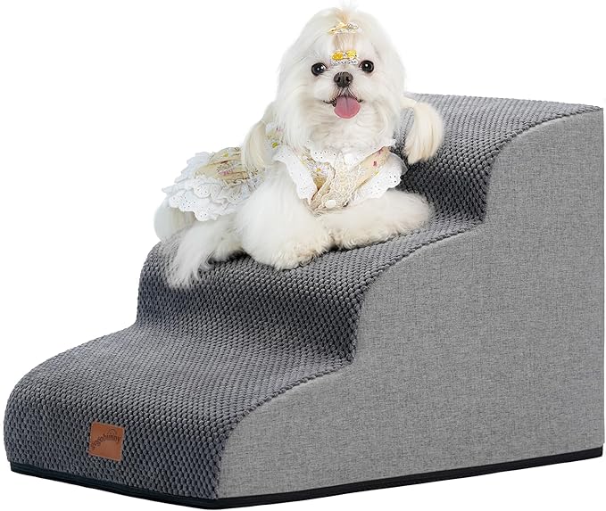 GoGoBunny Ramp Dog Stairs for Couch Sofa and Chair 15.7" H, 3-Step Pet Steps for Small Dogs and Cats, Non-Slip Waterproof Fabric Cover, Stable and Balanced Indoor Step, Pets Friendly, Grey-PawvioPets