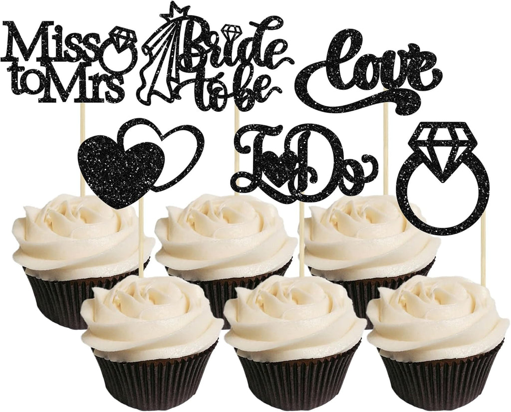 Gyufise 24Pcs Bride to Be Cupcake Toppers Black Glitter I Do Love Heart Ring Miss To Mrs Cupcake Picks Bridal Shower Cake Decorations for Wedding Engagement Bachelorette Party Supplies
