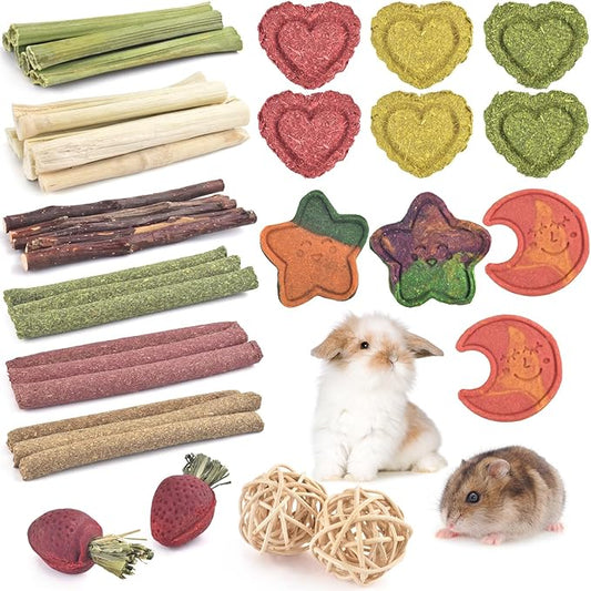 ERKOON 33PCS Bunny Chew Toys for Rabbits Teeth, Natural Rabbit Toys Apple Wood Sticks, Carrot, Timothy Grass Toys for Small Pets, Hamster, Chinchilla, Guinea Pig Dental Care and Treat Teething Toys-PawvioPets