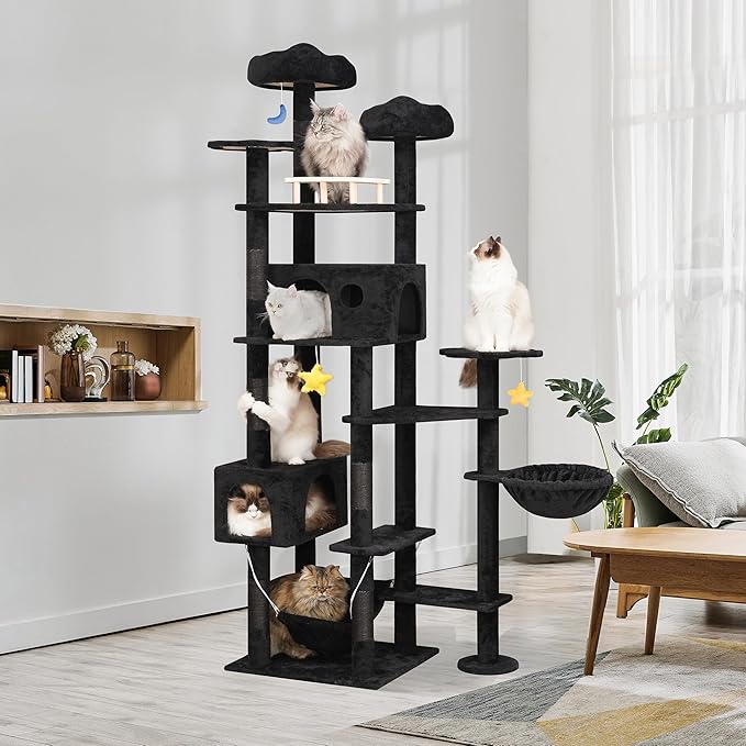 85inch Giant Cat Tree for Heavy Duty Big Cats, Multi-Level Luxury Cat Tower with Scratching Post, Cat Condo with Hammocks & Plush Perches for Indoor Cats Large Adult, Black-PawvioPets