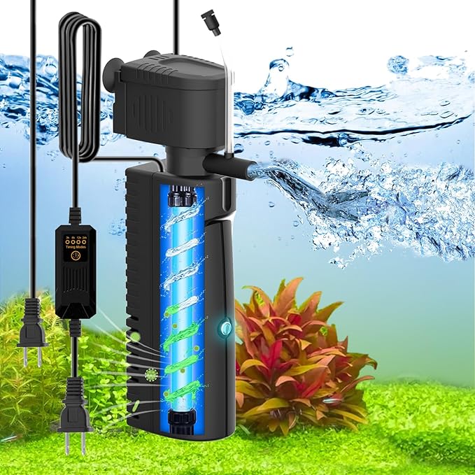 Fish Tank Filter with U - V Light & Timer (3/6/12/24 Hours) for Green Water Cleaning, Aquarium Filter with Aeration Turtle Tank Filter with Pre-Filter Sponge for Tanks 70-100 Gallon-PawvioPets