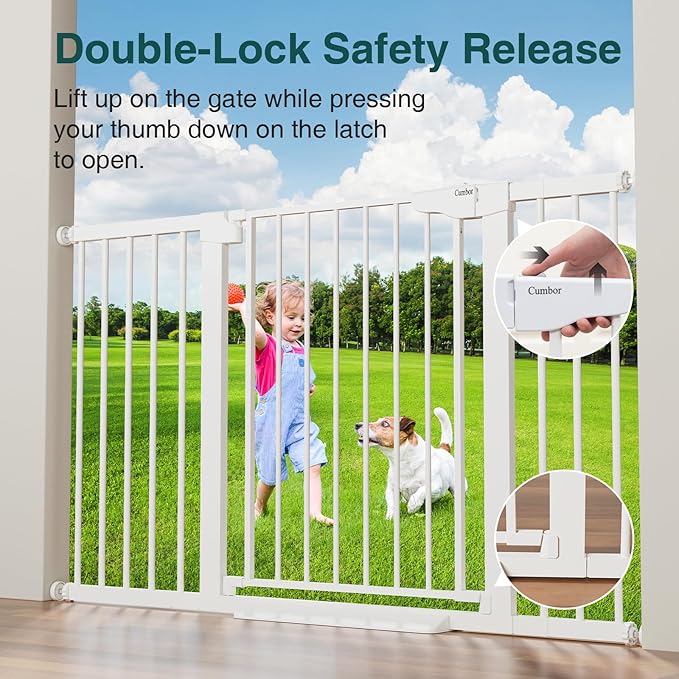 Cumbor 29.7-54.2" Wide Baby Gate for Stairs, Mom's Choice Awards Winner-Self Closing Dog Gate Indoor for Doorways, No Drilling Pressure Mounted Pet Gates for Kids, Easy Walk Through Safety Gate, White-PawvioPets