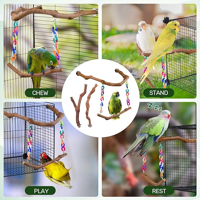 Bird Swing Toys, Standing Bird Perch with Natural Grape Wood, U Shape Hangable Birdcage Accessories, Birds Chewing Toy for Budgerigars, Parakeets, Cockatiels, Conures, Lovebirds, Finches (3Pack)-PawvioPets